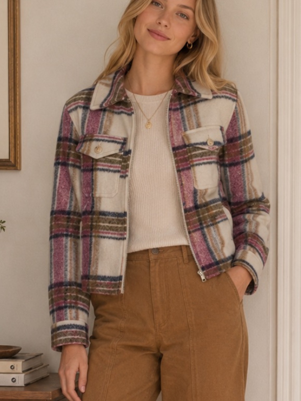 Avec Les Filles Women's Plaid Utility Flannel Jacket Size Small 54508